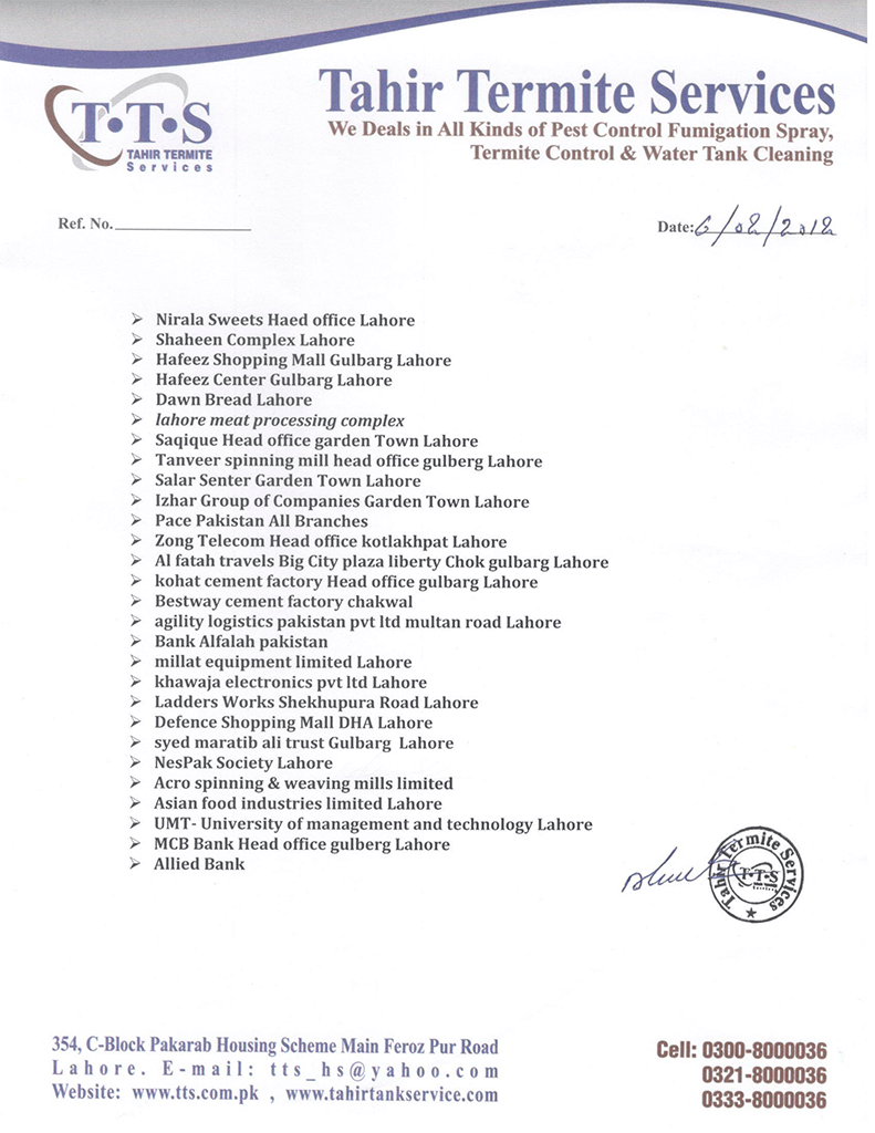 Tahir Termite Services certificate one