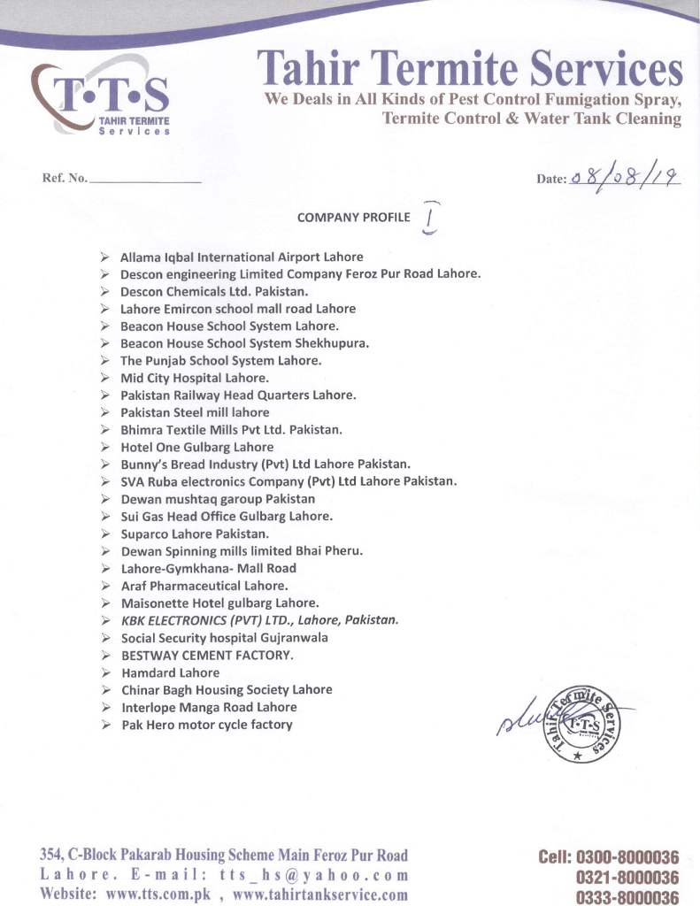 Tahir Termite Services certificate two