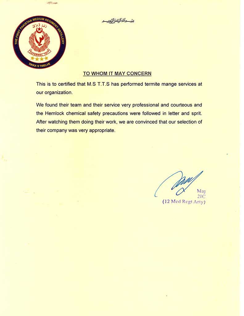 The First Pakistan Medium Regiment Artillery certificate